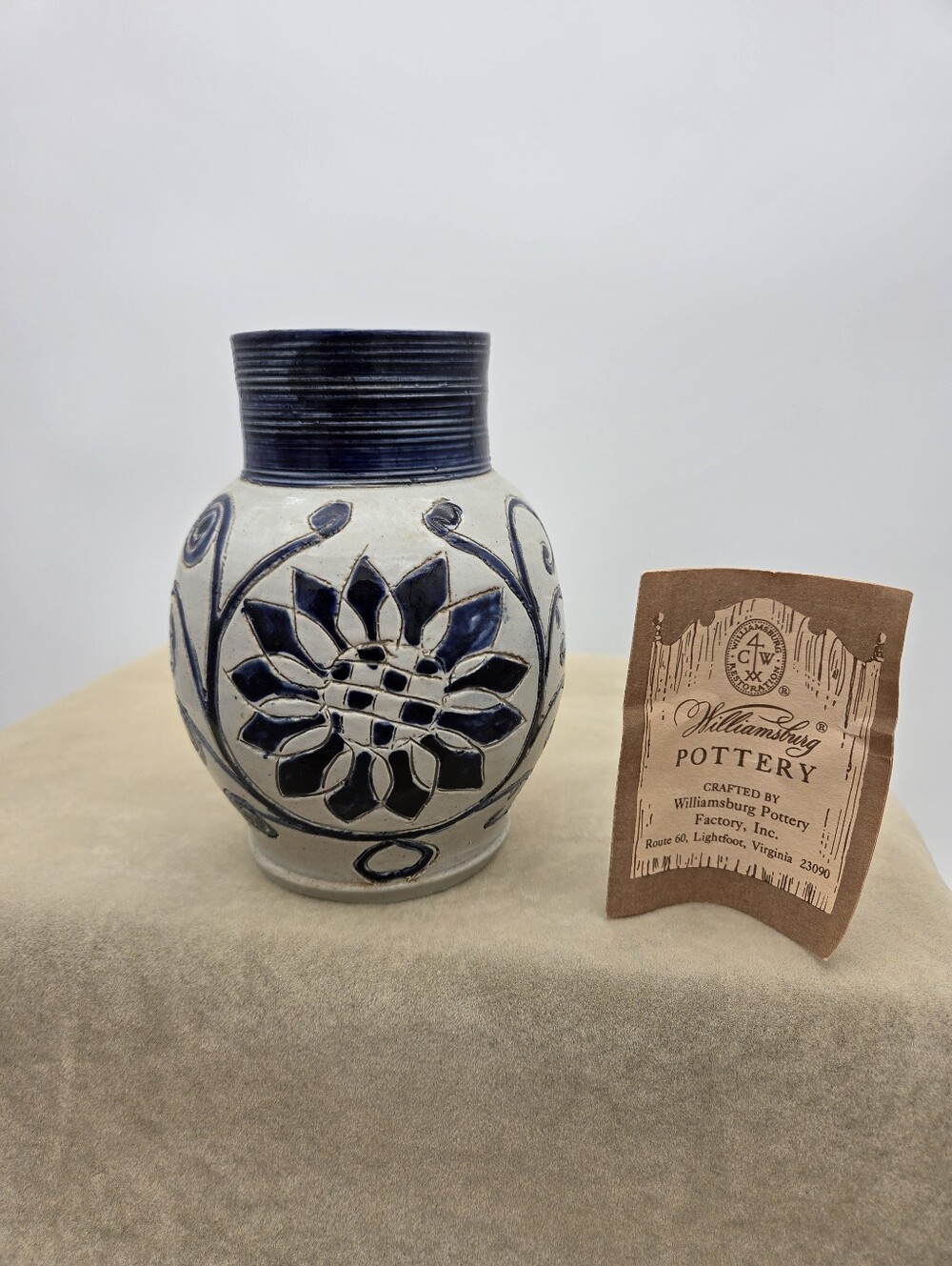 Williamsburg Pottery Blue Sunflower Vase Pitcher